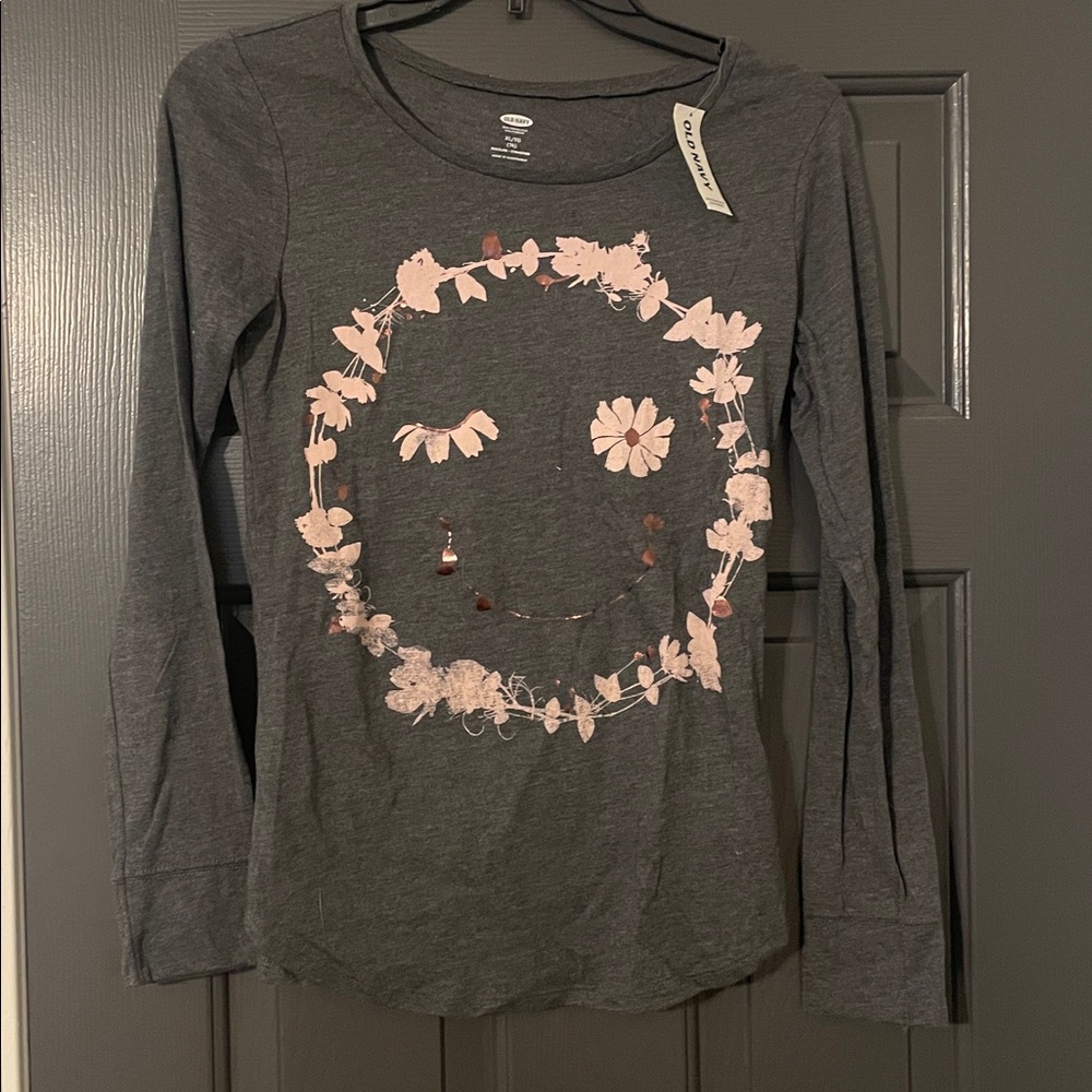 Old Navy Charcoal Long Sleeve Tee with Pink Floral Design